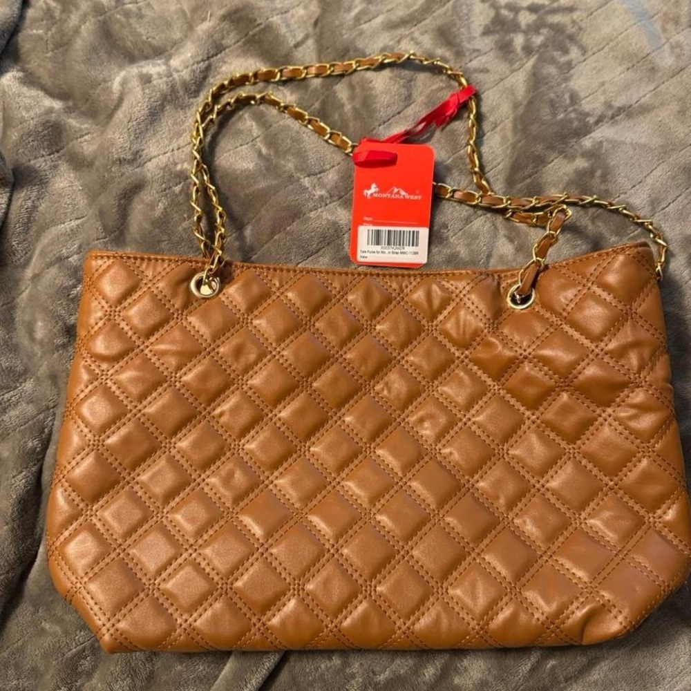 Montana West Quilted Tote Bag‎ Brown Vegan Leather Gold Chain Strap MWC-112BR